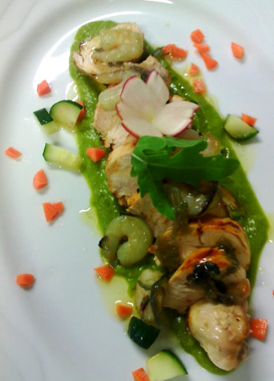 Pollo con gameri e piselli